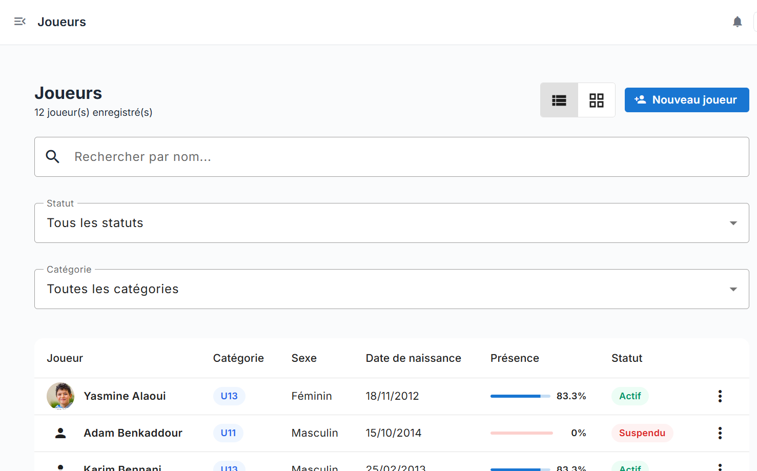 Gestion complète des joueurs